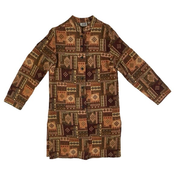 Vintage Tribal Print Jacket 1990s Cotton Long Coat Brown Abstract Print Small - Picture 1 of 5